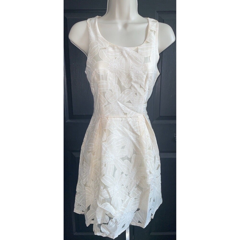 Grand Oriental Cream Floral Burnout Organza Fit Flare Dress S Sleeveless